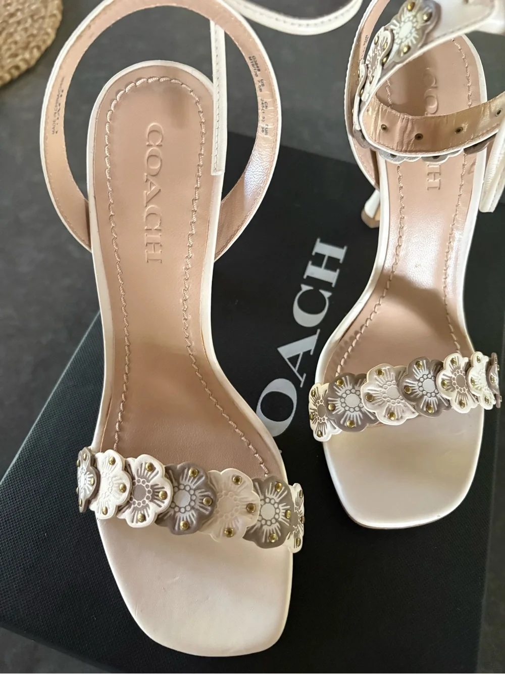 Coach Ivory Floral-Appliqué Ankle-Strap Heels